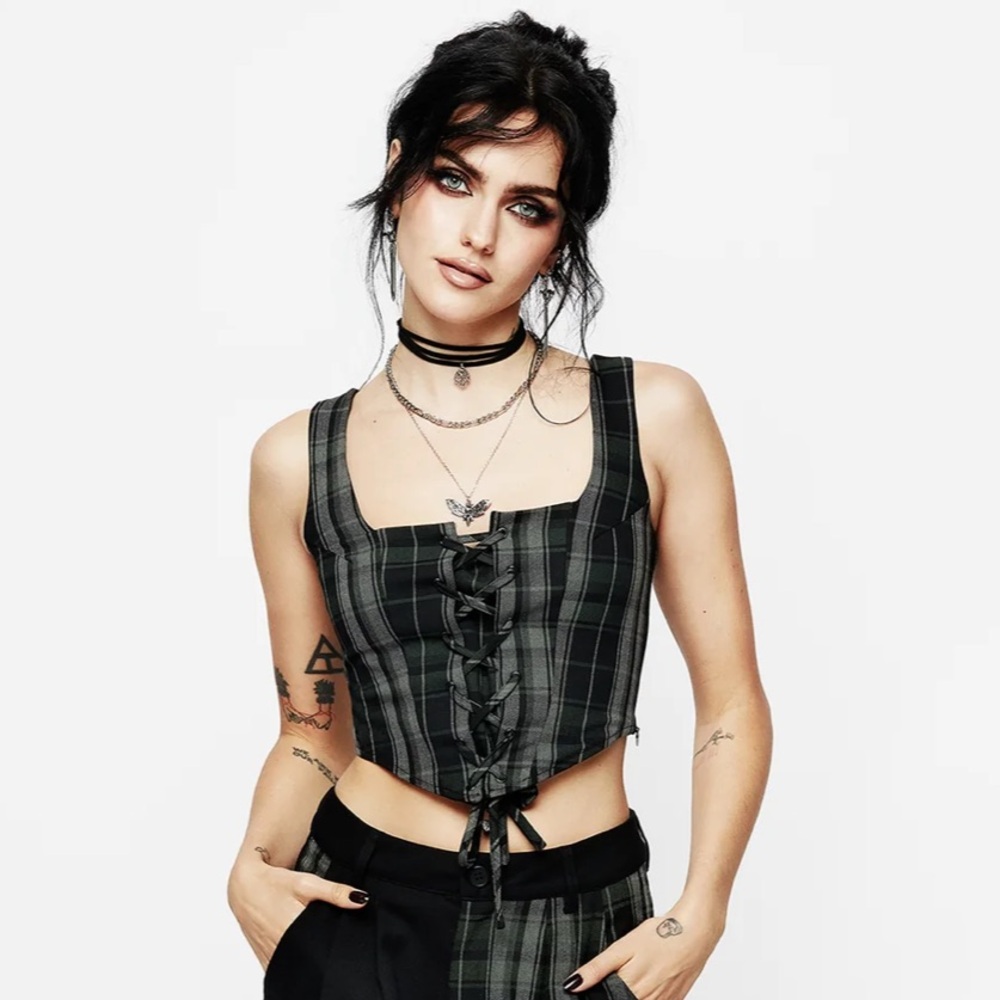 Checkmate Plaid Lace-Up Corset Crop Top